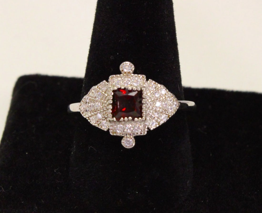 Art Deco Style .39ct Garnet .30ct White Sapphire in Sterling Silver Ring (1 of 3)