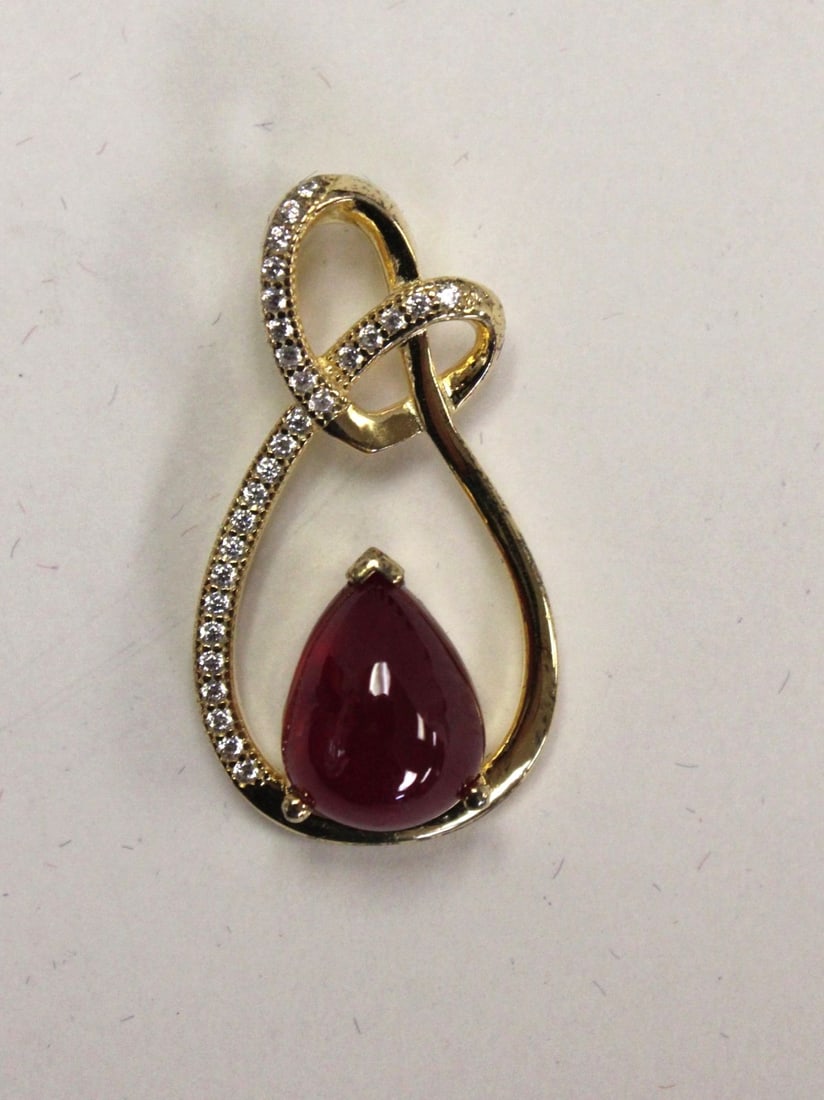 3.0ct Ruby Cabochon / white sapphire Pendant, 14kt gold over sterling (1 of 3)