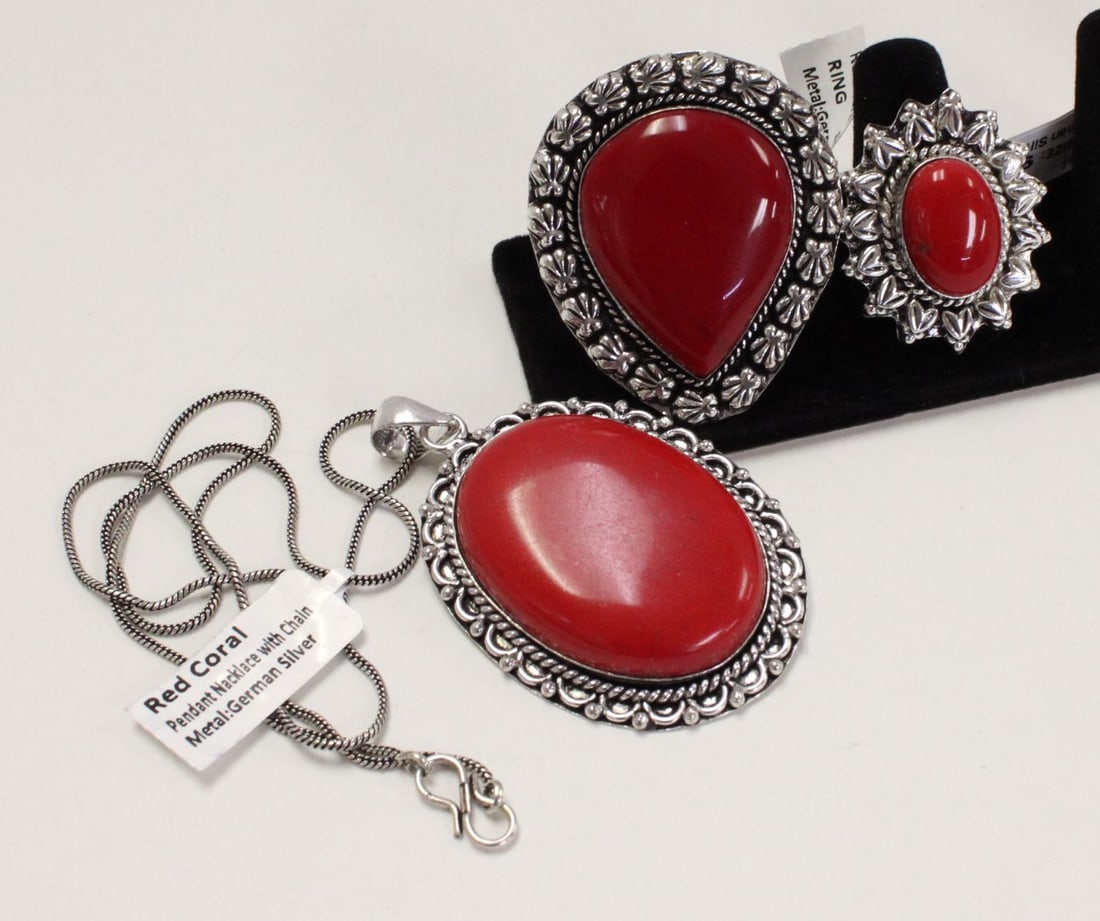 3pc. Red Coral style stone pendant and rings German Silver (1 of 2)
