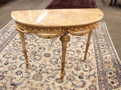 Decorative Craft Inc. Italian MT demilune console table: Decorative Craft Inc. Italian style carved marble top demilune console table, structurally sound and in good condition, marble is good, 45"w x 19"d x 36"h