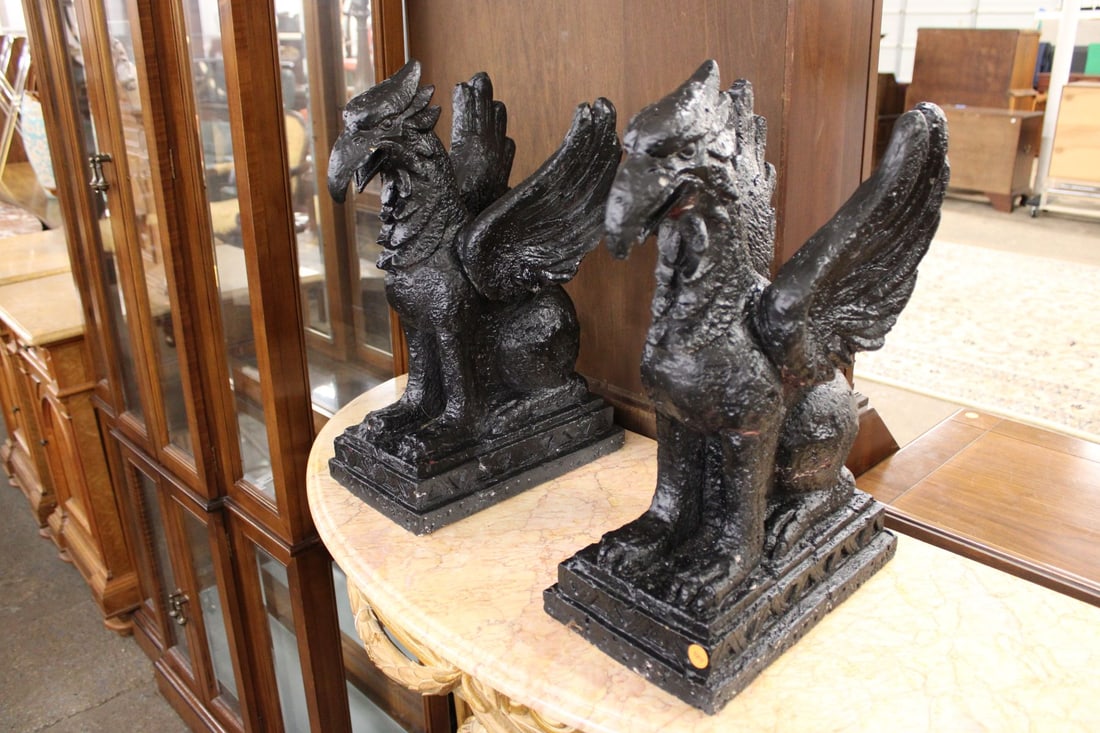 Pair of composition garden wing griffin statues, ptd black (1 of 4)