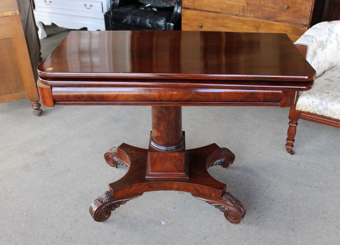 Antique burl mahogany carved flip top game table (1 of 4)