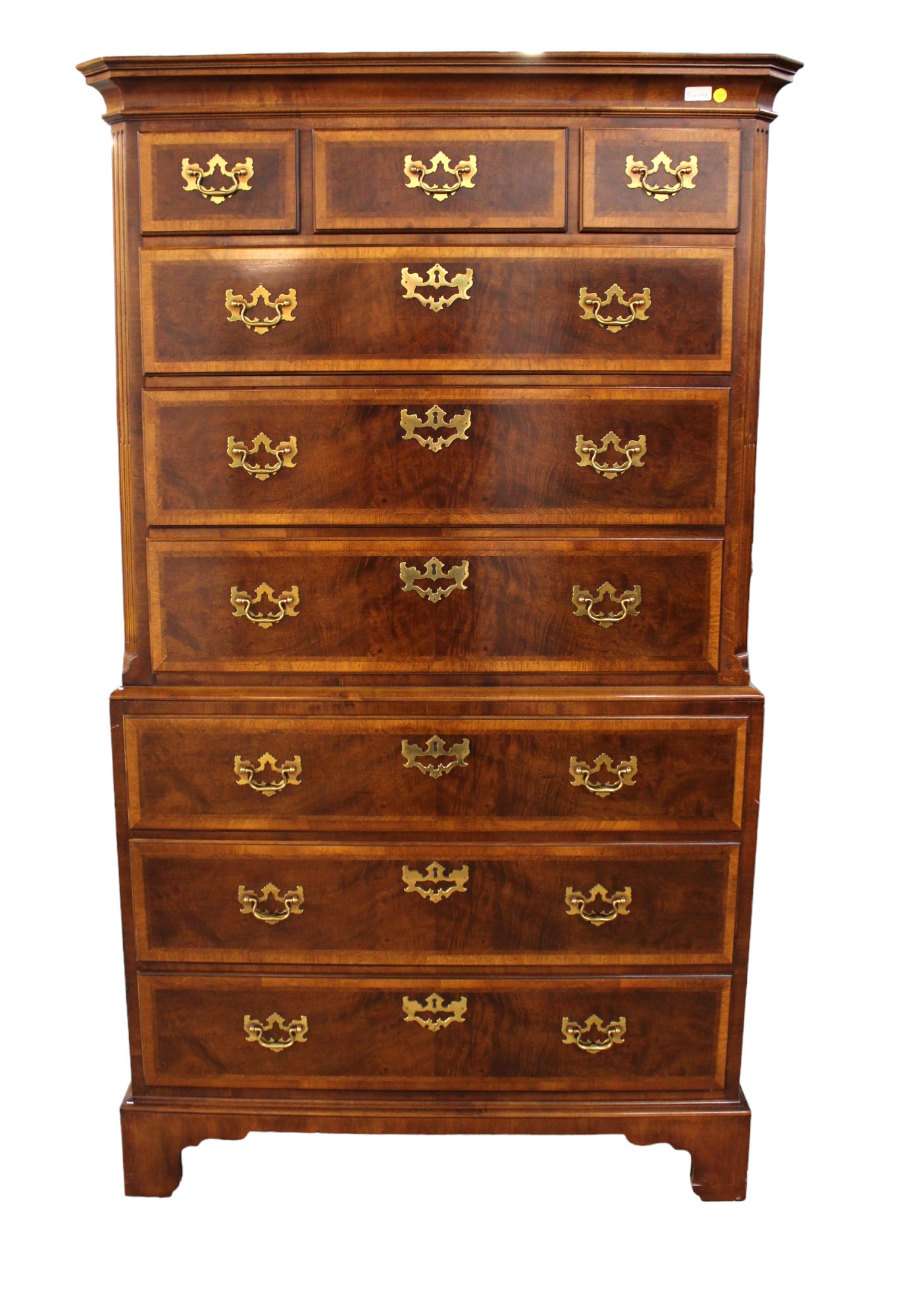 Henredon Aston Court Burl Banded High Chest: Beautiful Henredon Aston Court Collection 9 drawer burl mahogany and banded high chest, original finish, one piece, structurally sound and in good condition, no noticeable issues seen, 42"w x 20"d x 7