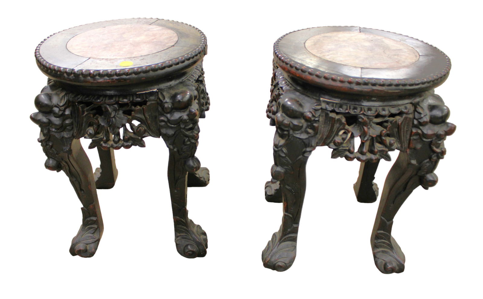 Pair Antique Asian hardwood plant stands, structurally sound & good condition, 12" diameter x 15"h (1 of 4)