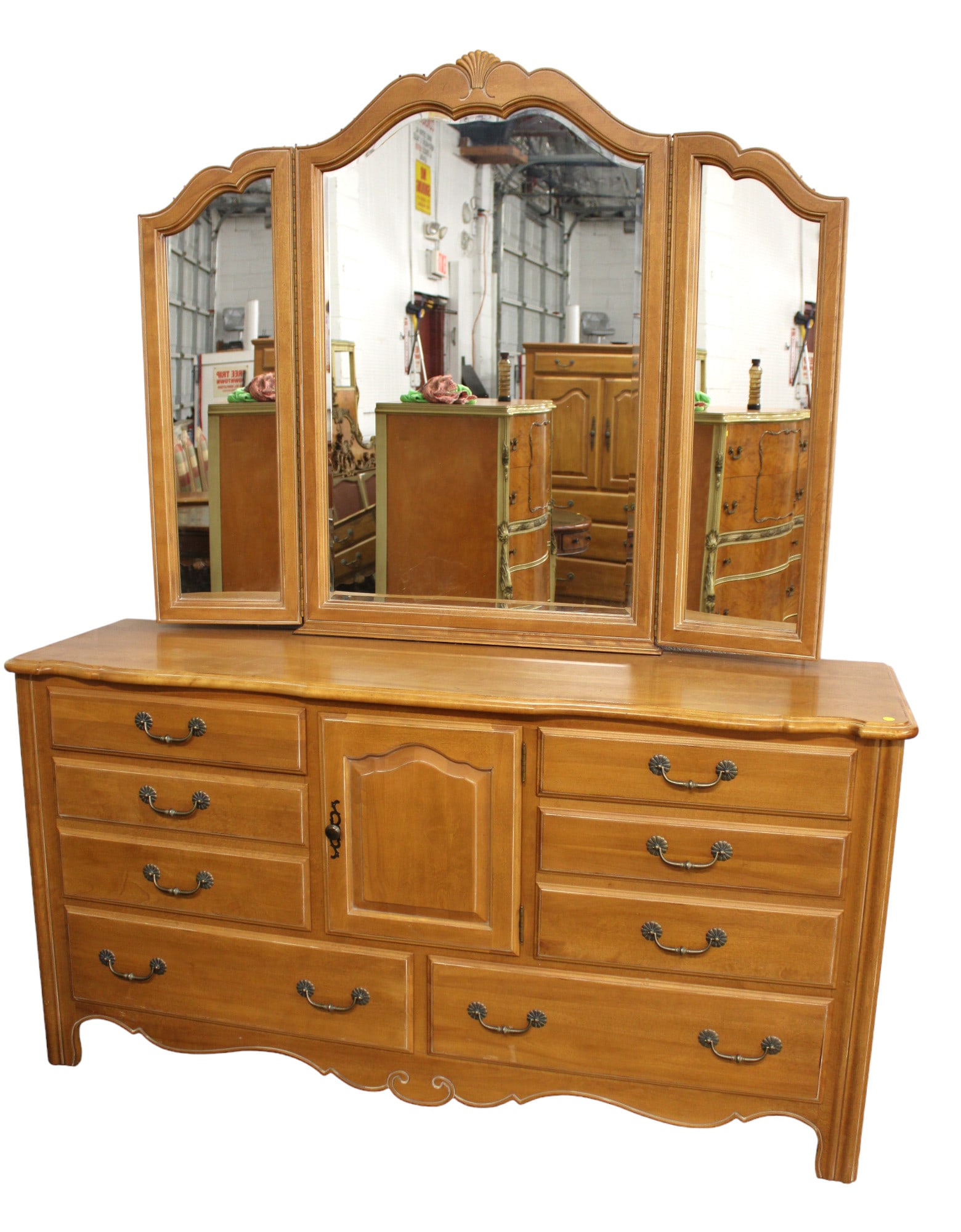 Ethan Allen solid maple country French dresser with trifold beveled glass mirror, 8 drawer 1 door, (1 of 4)