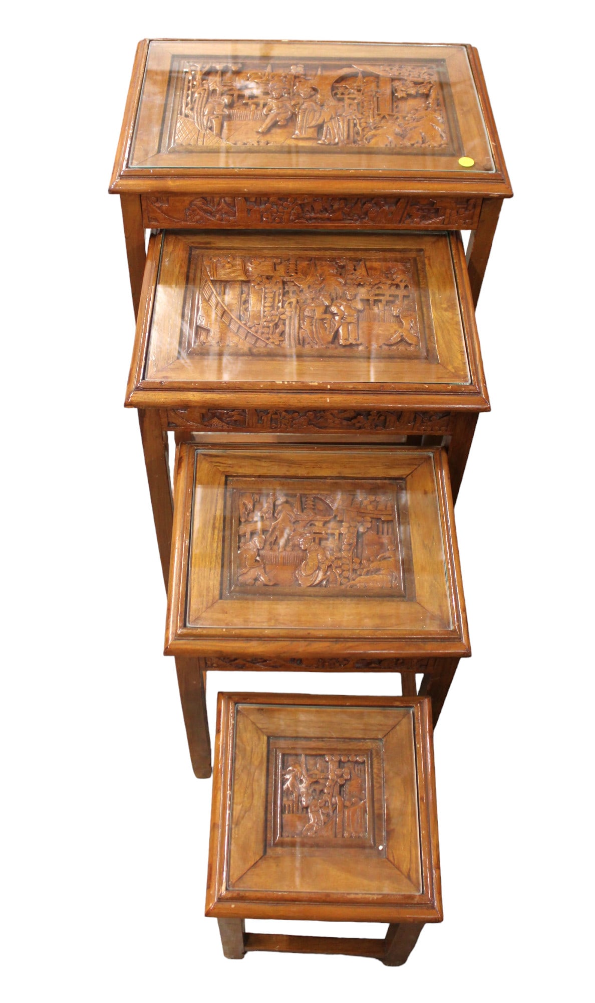 Set 4 Asian Inspired Stack Tables, Glass Top Mahogany Framed, structurally sound & good condition, (1 of 5)