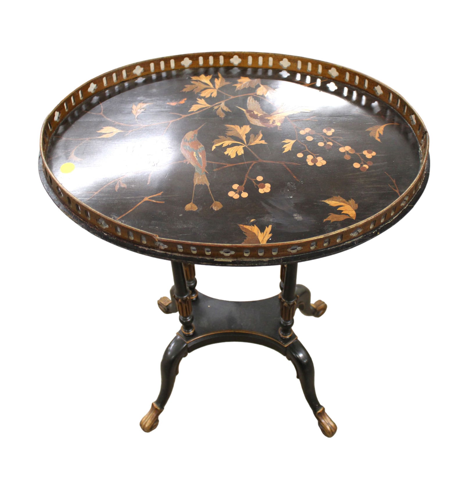 Delicate aesthetic movement small side table, ebony finish, inlaid top with birds foliage & (1 of 4)