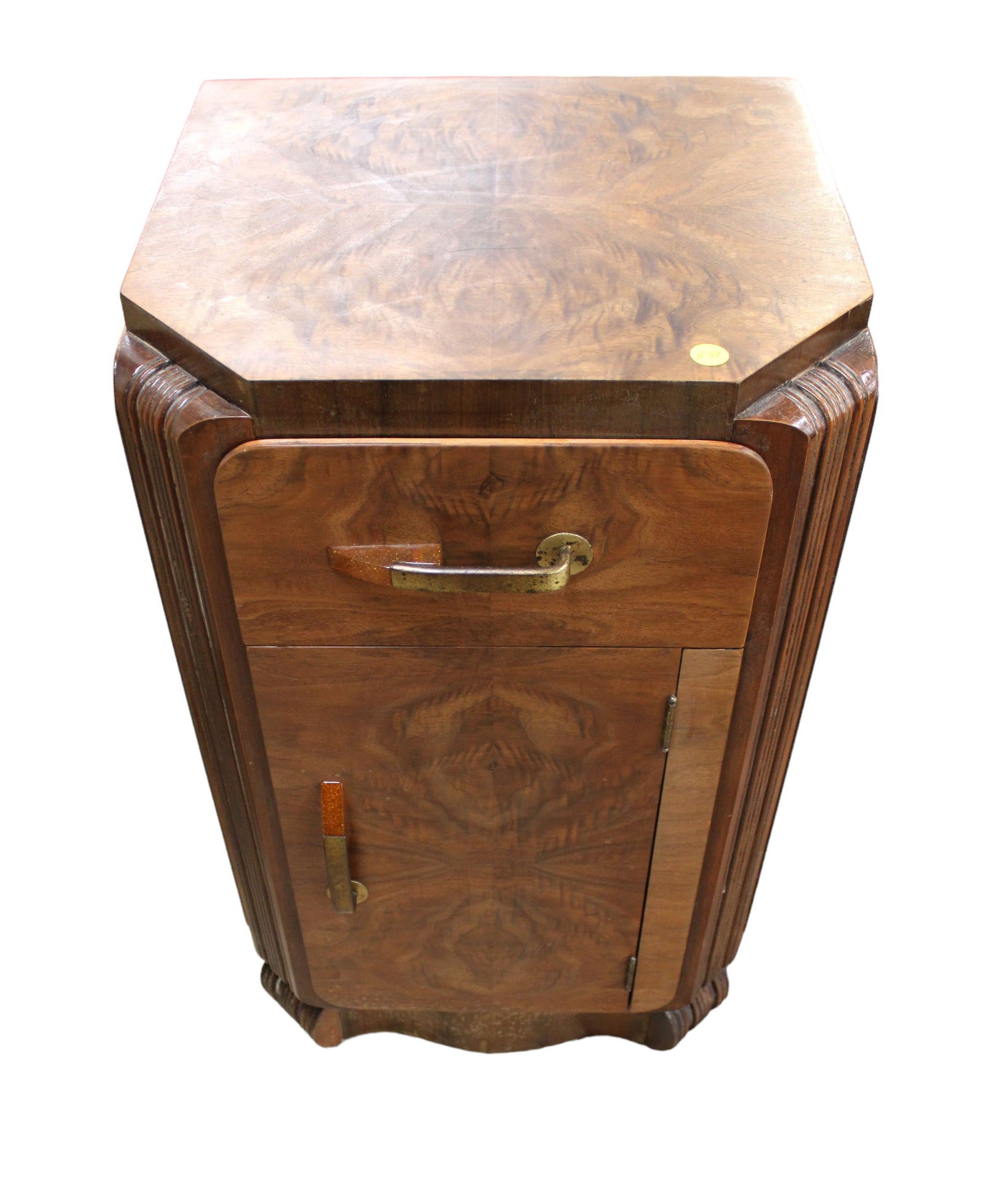 Antique Art Deco burl walnut nightstand, 1 drawer 1 door, structurally sound & good condition, 16" (1 of 4)