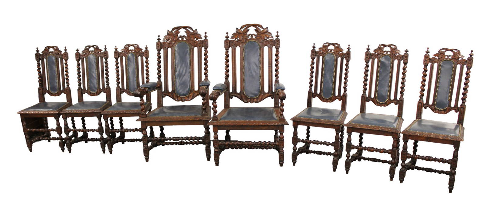 Nice Set Of 8 Antique Oak Dining Chairs Highly Carved, Leather Style Seats, Structurally Sound
