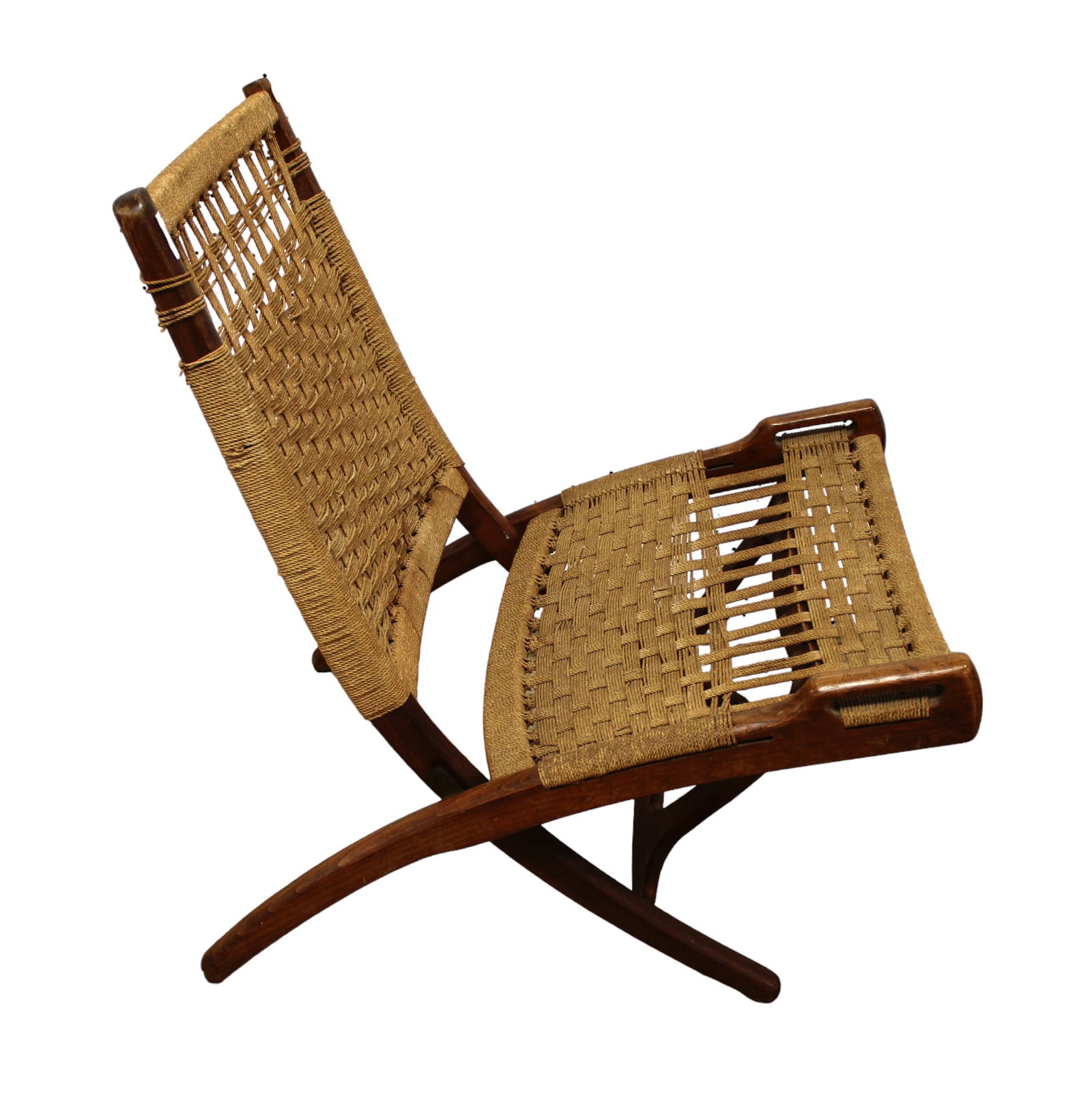 MidC Hans Wegner style folding chair, walnut & rope, structurally sound & good condition, no (1 of 7)