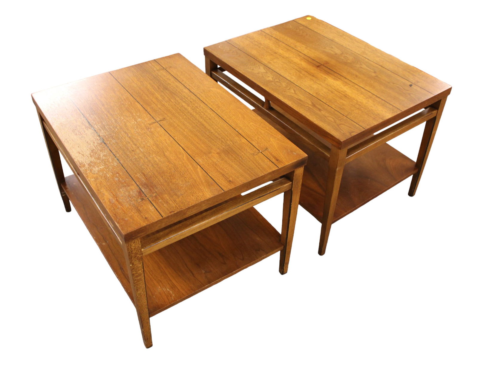 Pair of Mid Century Modern Lane Tuxedo Collection #921-05 walnut lamp side tables, bow tie accents (1 of 5)