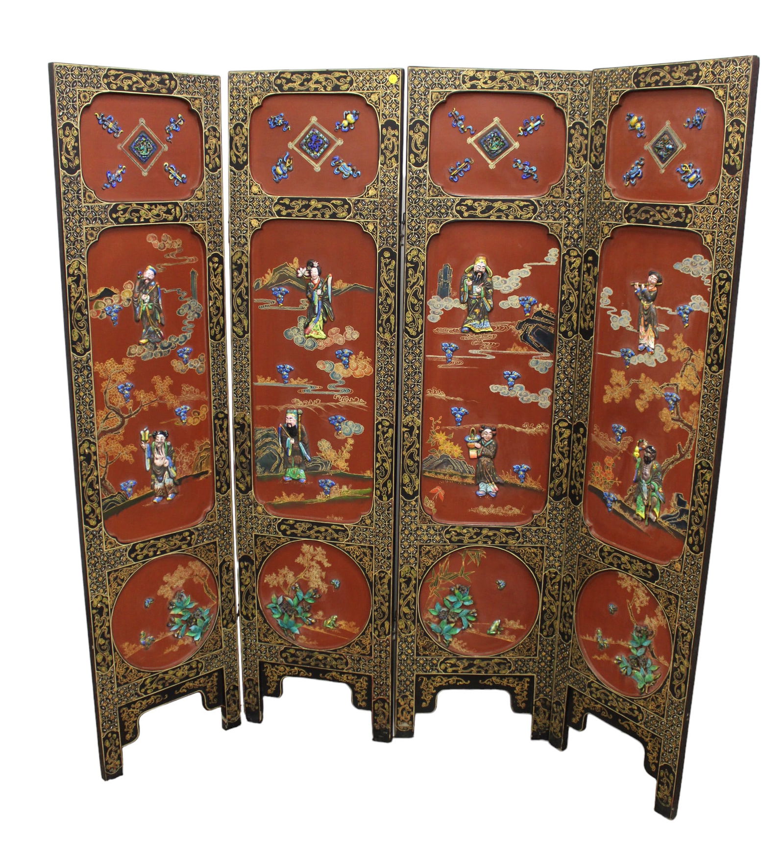 Vintage Asian decorated 4 section room screen divider with raised figures & mother of pearl inlay in (1 of 6)