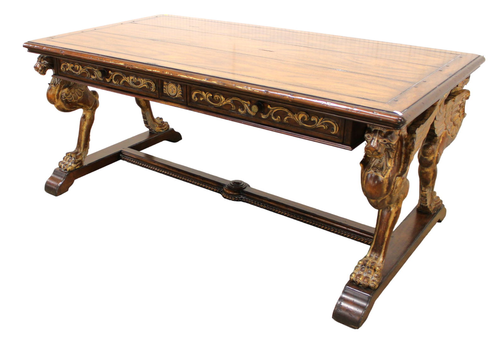 Awesome Century Monarch partners table, standing full wing griffins, walnut & mahogany, 4 drawers, (1 of 11)