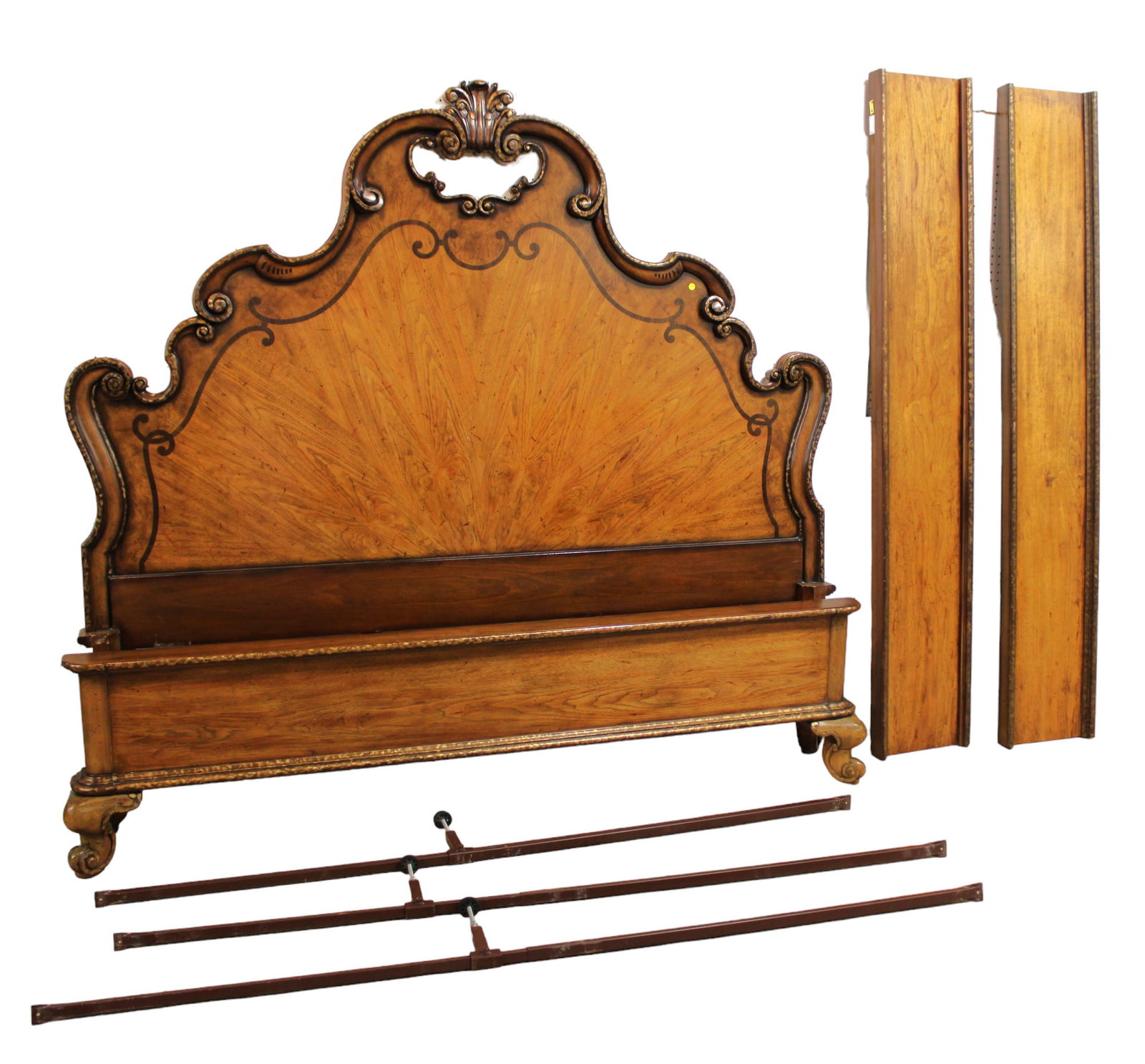 Elaborate ornate king size bed attrib. Century Monarch, rosewood inlaid & distressed paint (1 of 6)