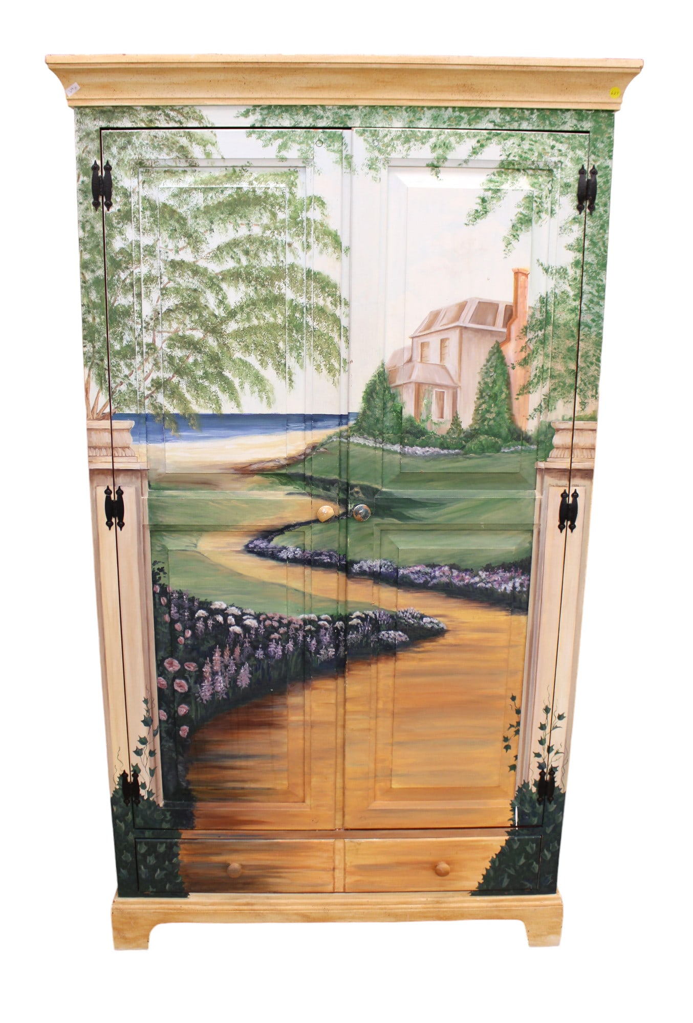 Paint decorated storage cupboard, 3 wooden shelved interior, 2 door 1 drawer, structurally sound & (1 of 5)