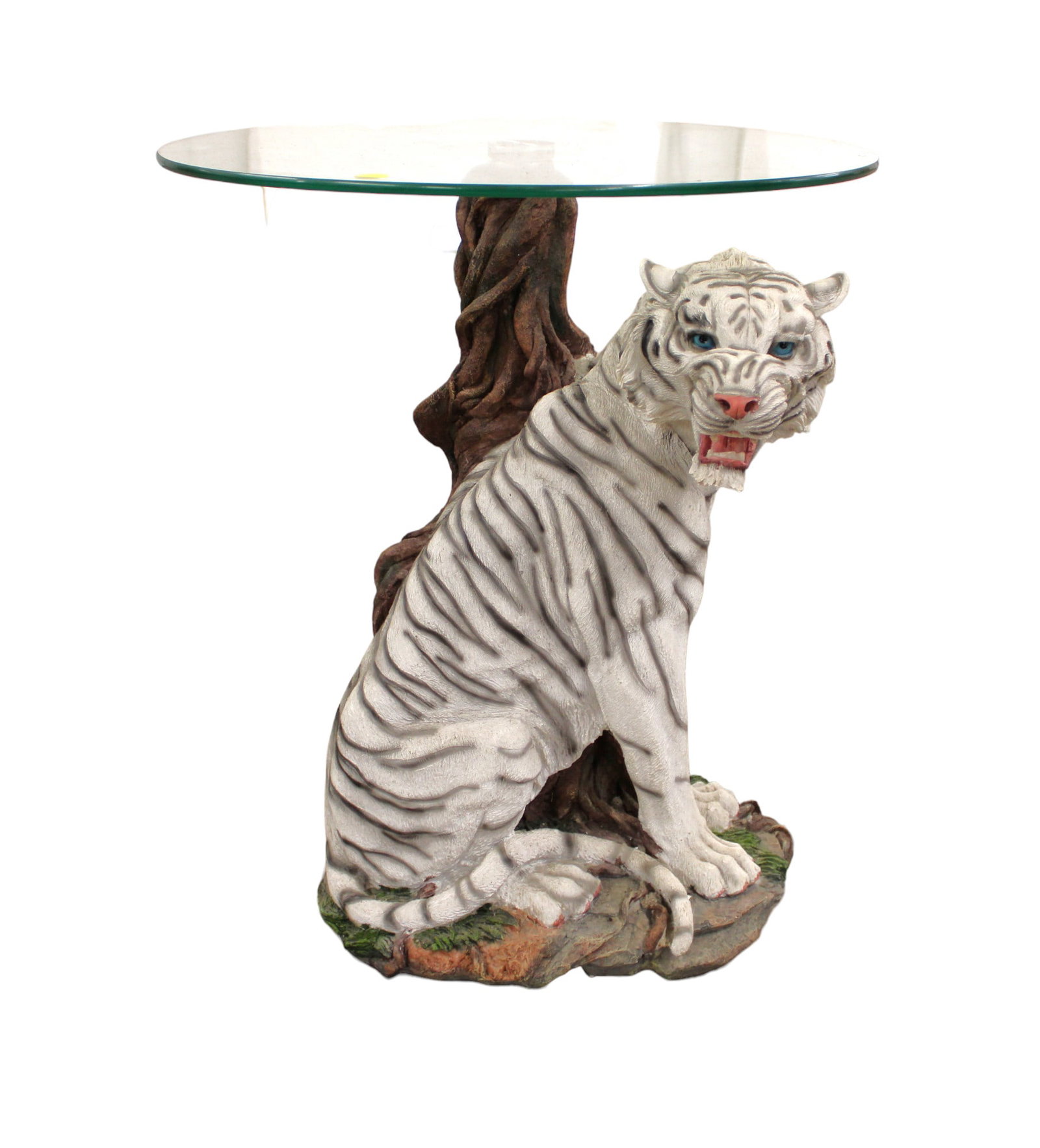 Contemporary glass top side table with white Bengal tiger base in the composition, structurally (1 of 4)