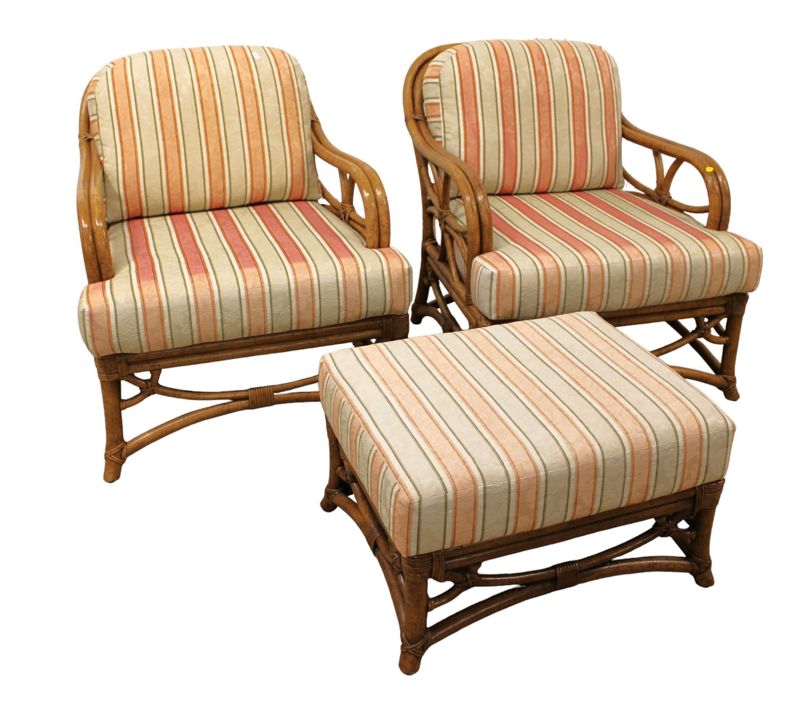 3pc Quality rattan upholstered seating: pair of chairs & an ottoman, light sun fading on one chair & (1 of 5)