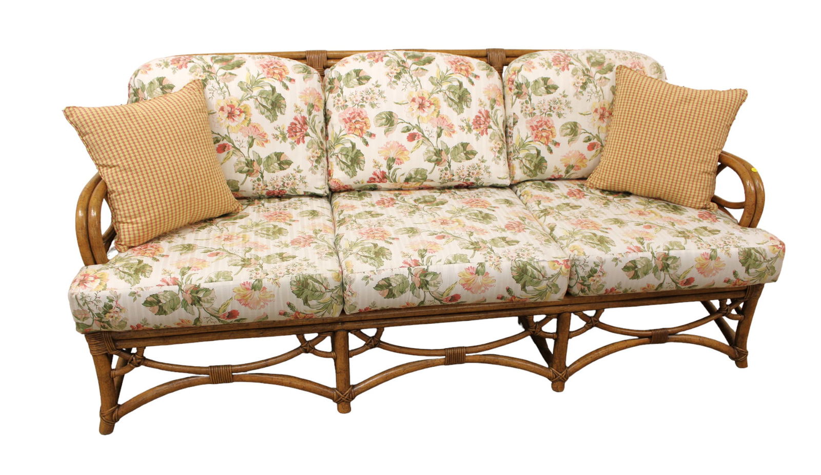 Quality rattan 3 cushion sofa, structurally sound & in good condition, upholstery is good, with (1 of 4)