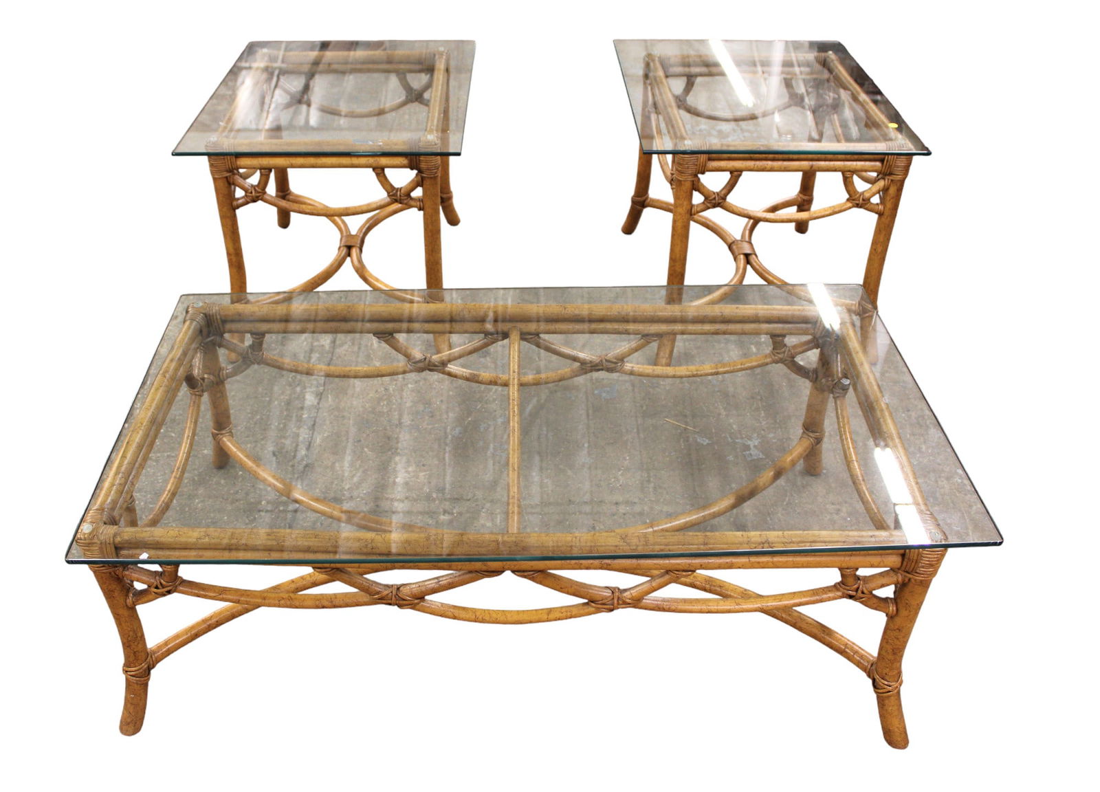 Set 3 quality rattan glass top table set, structurally sound & in good condition, glass is good, (1 of 4)