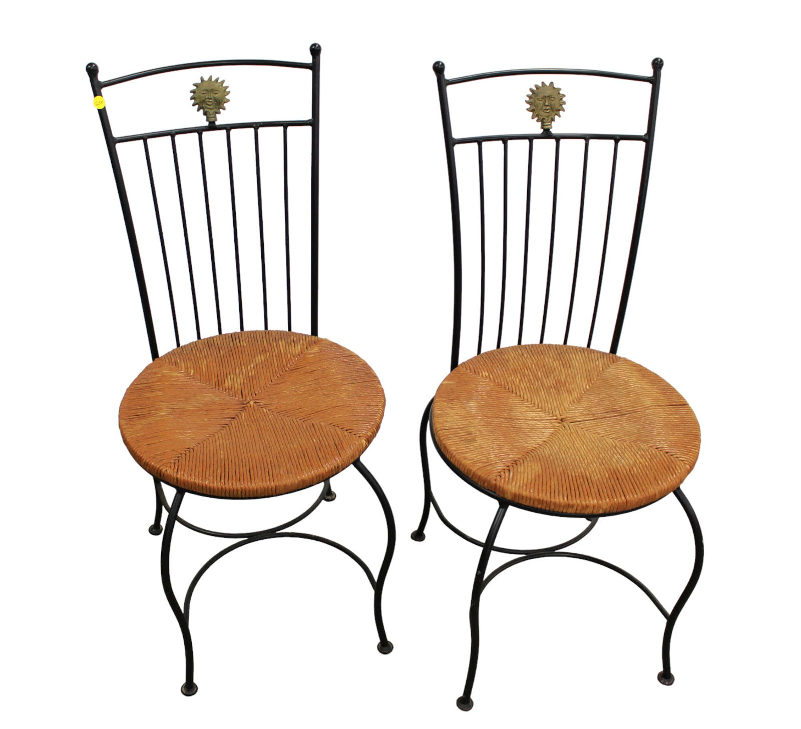 Pair unusual sun face iron rush seat side chairs, sun face medallion in gold iron, structurally (1 of 5)