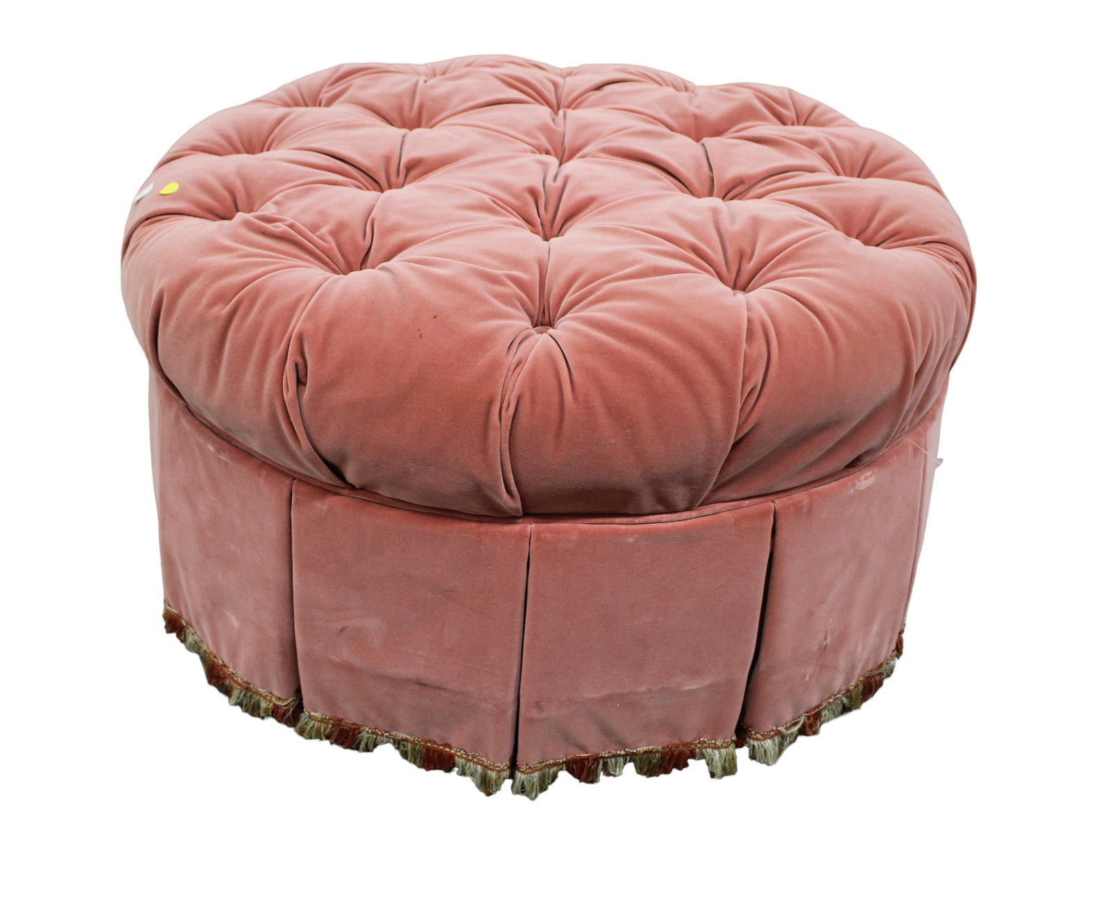 Vintage round upholstered button tuft ottoman, structurally sound & in good condition, upholstery is (1 of 3)