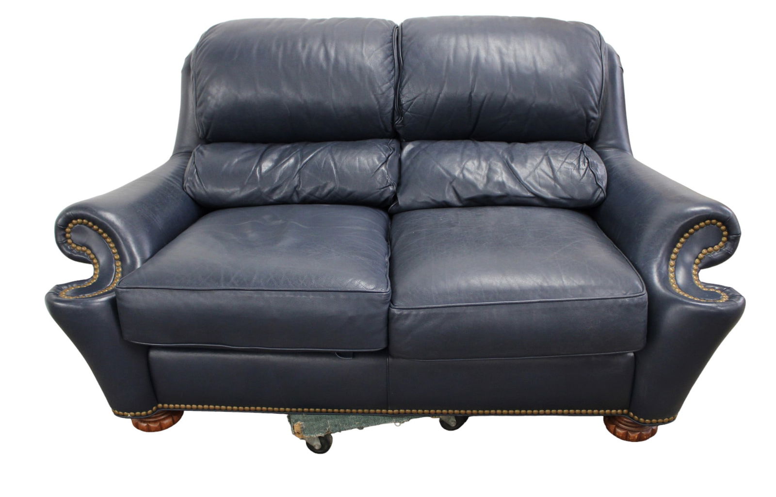 Vintage Hancock & Moore loveseat, 2 cushion rolled blue leather, structurally sound & in good (1 of 6)