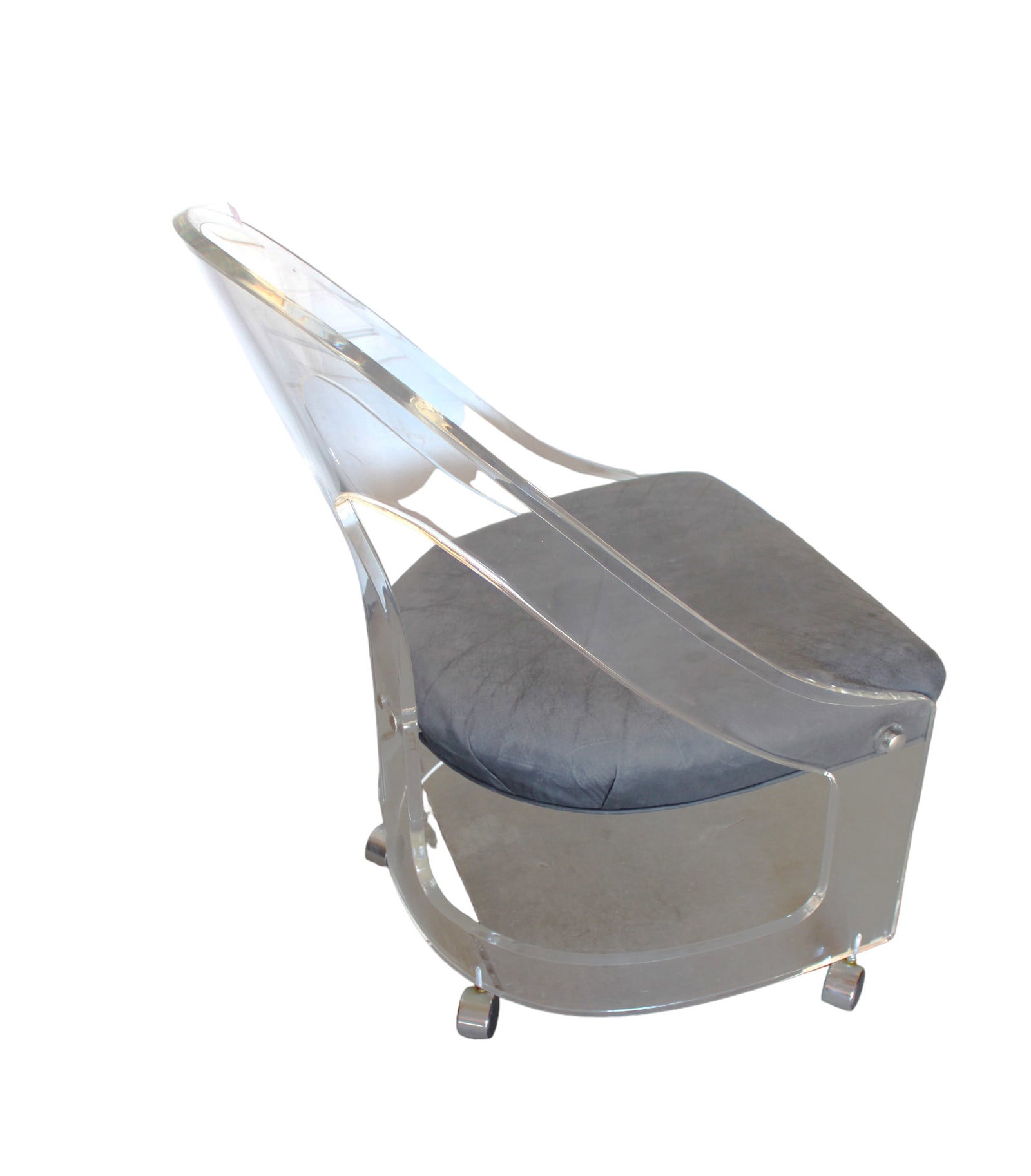 MidC Lucite lounge chair with leather style seat on casters, structurally sound & in good condition,: MidC Lucite lounge chair with leather style seat on casters, structurally sound and in good condition, no noticeable issues, 24"w x 24"d x 34"h seat height 17"