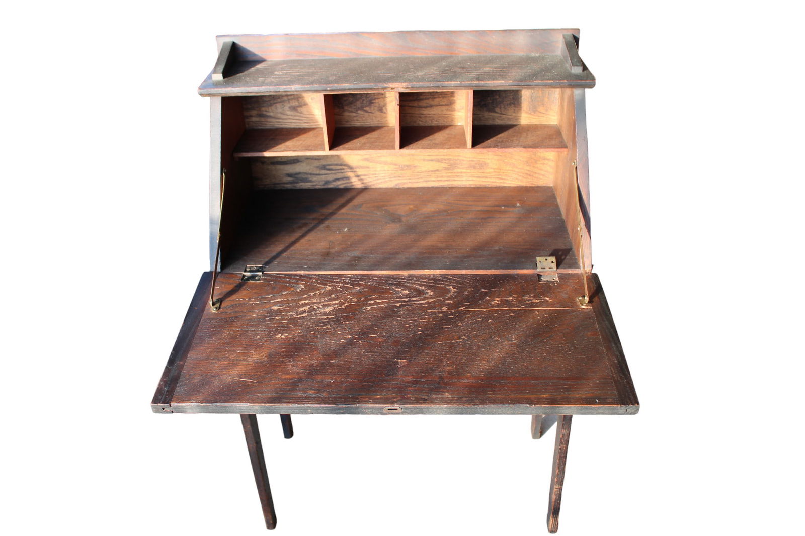 Antique oak petite ladies slant front desk, needs TLC, missing drawer & has hinge issues. 27"w x (1 of 3)