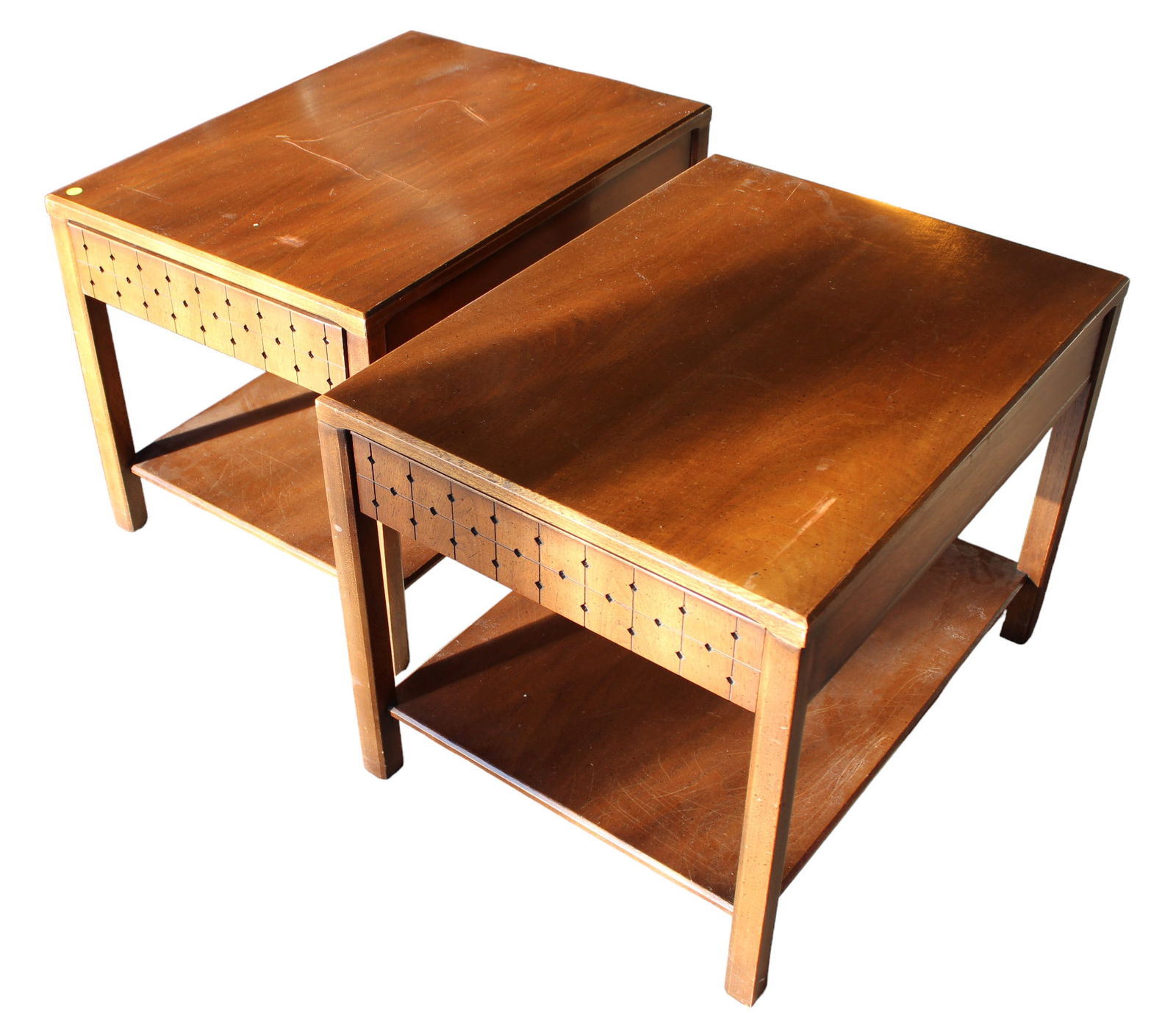 Pair Del Mundo Unagusta MidC. tables, walnut, structurally sound with some surface scratches. 21"w x (1 of 3)