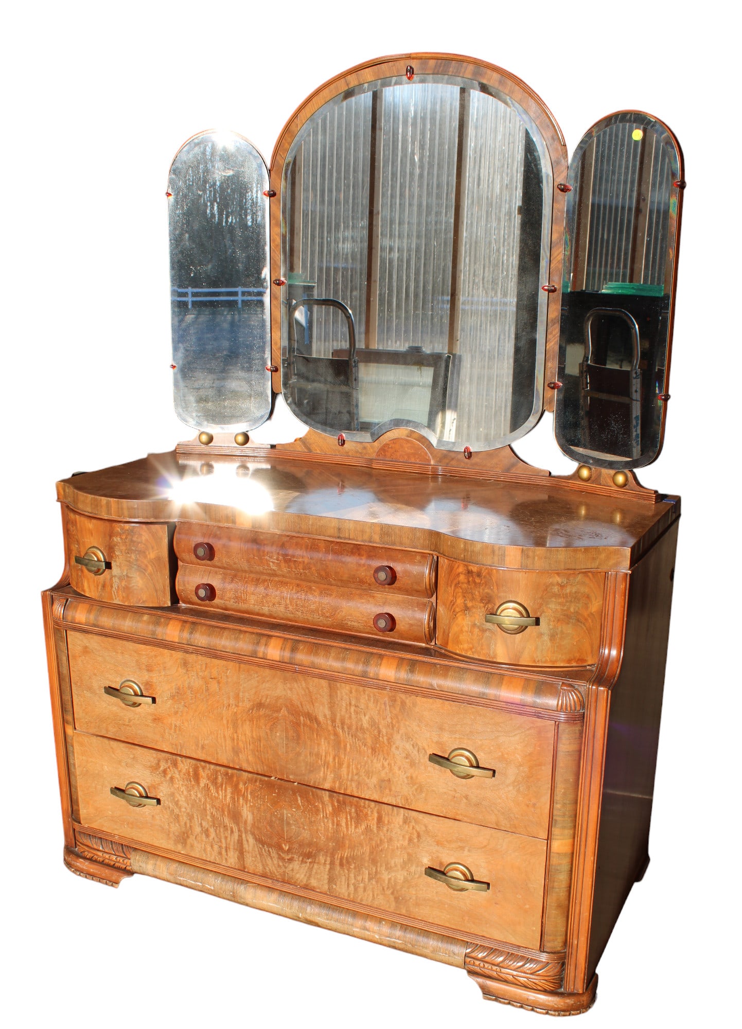 Art Deco antique burl walnut dresser with beveled tri section mirror, structurally sound & in good: Art Deco antique burl walnut dresser with beveled tri section mirror, structurally sound and in good condition but does show some finish issues. Nice model. All hardware here. 51"w x 25"d x 72"h total