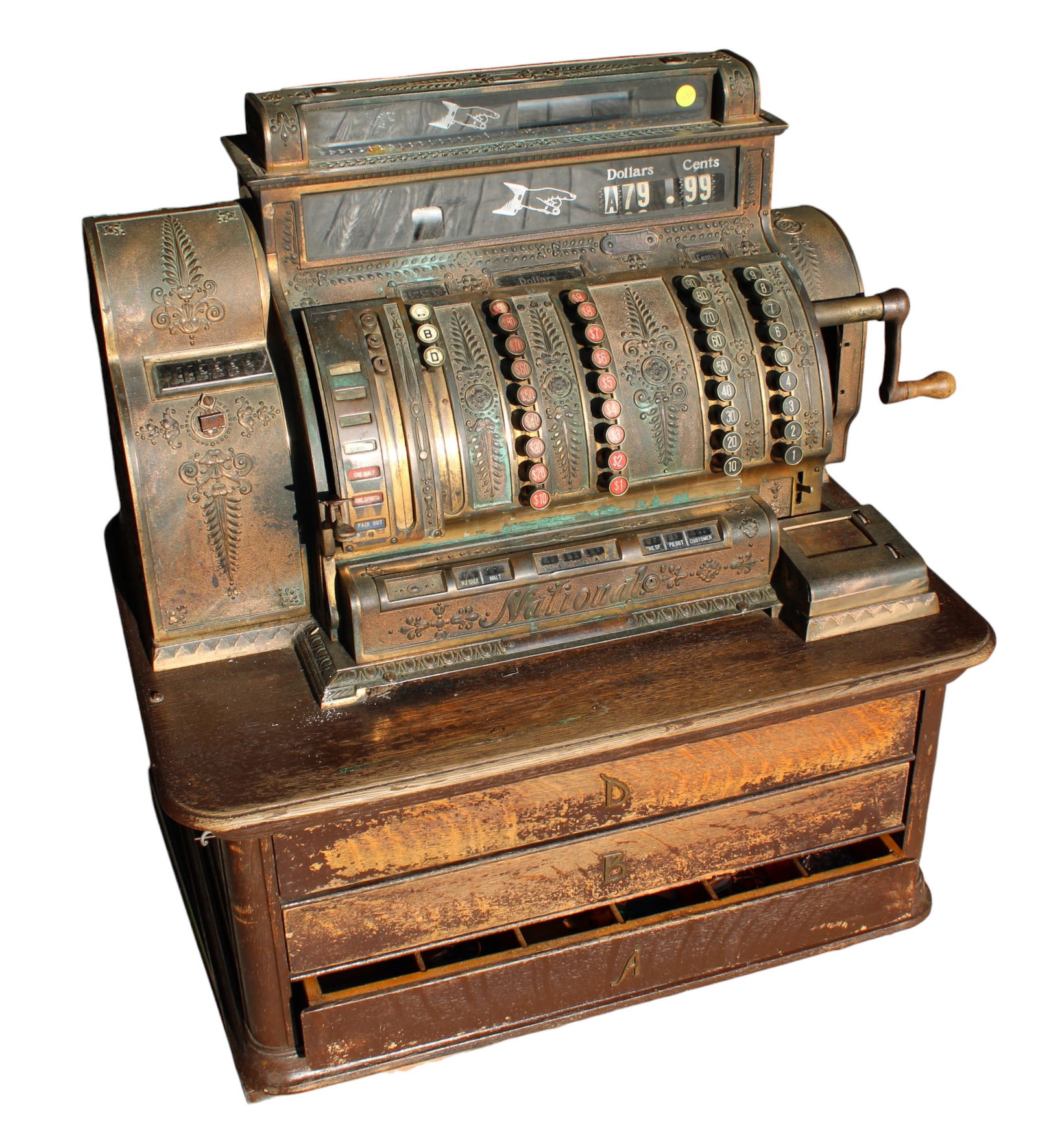 Antique large National brass cash register with 3 drawer oak base, seems complete, very fancy with (1 of 6)