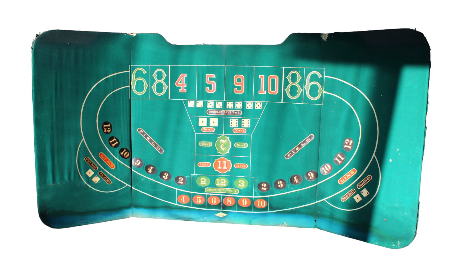 Antique foldable travel craps table top game, original felt & usable.  Open 96"l x 48"w.  Closed (1 of 4)