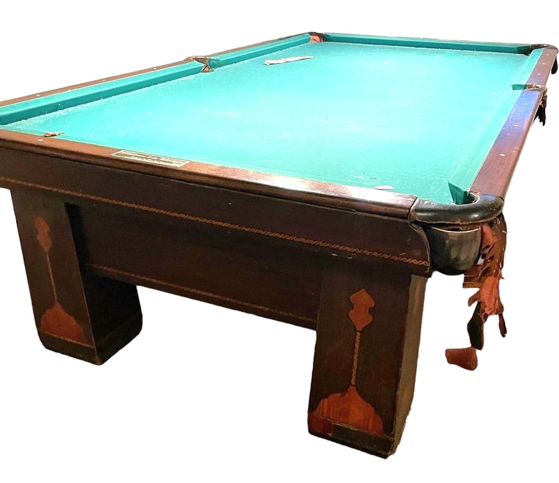 Antique Brunswick-Balke-Collender slate pool table, rosewood inlaid 3 section: Antique Brunswick-Balke-Collender rosewood inlaid 3 section slate pool table in original found condition, with monarch cushions, needs reassembled (it is not assembled for shipping purposes)