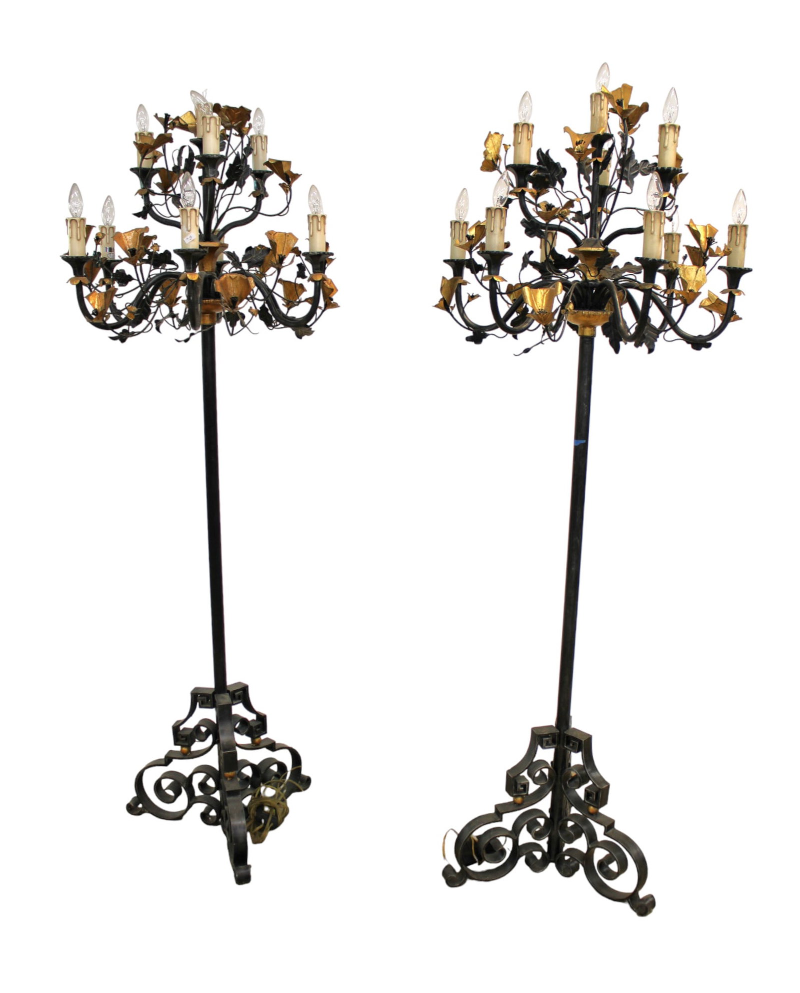 Large Pair vintage 10 burner candelabra lamps, metal black & gold (1 of 8)
