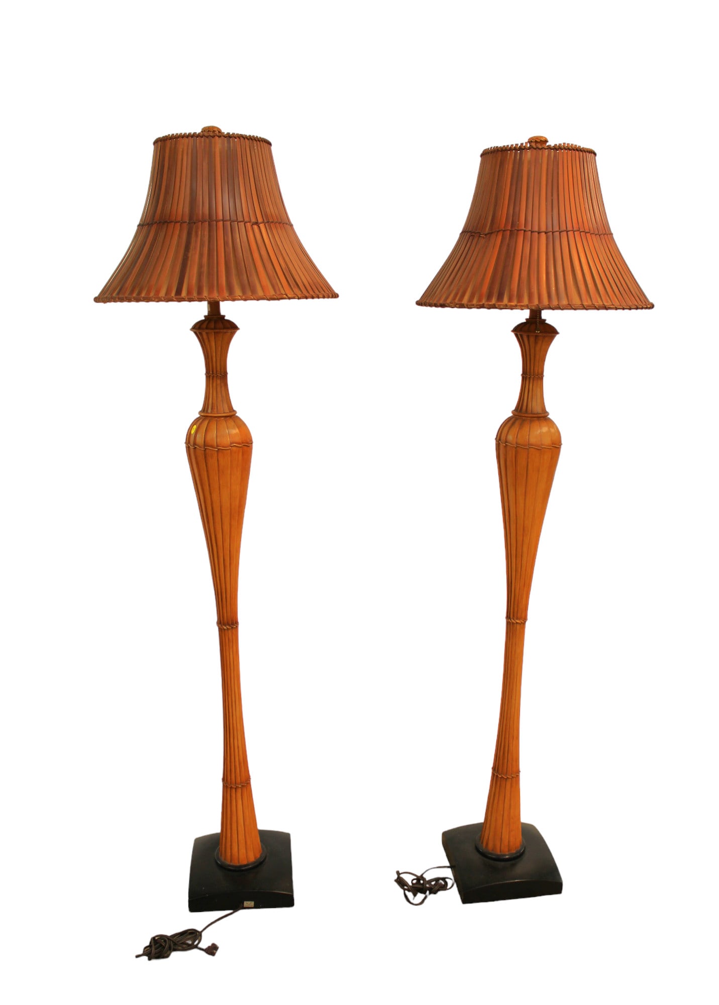 Pair of rattan floor pole lamps with shades, structurally sound & in good condition, one finial has: Pair of rattan floor pole lamps with shades, structurally sound and in good condition, one finial has nick. 20" diameter x 66"h