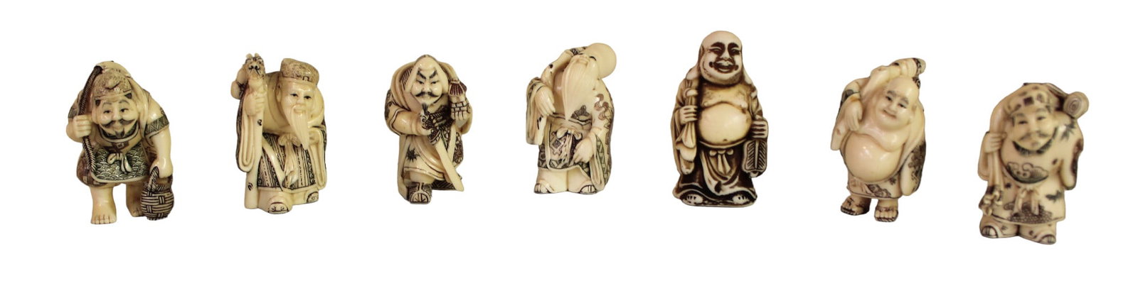 7 miniature Chinese carved men, approx. 2"h (1 of 6)