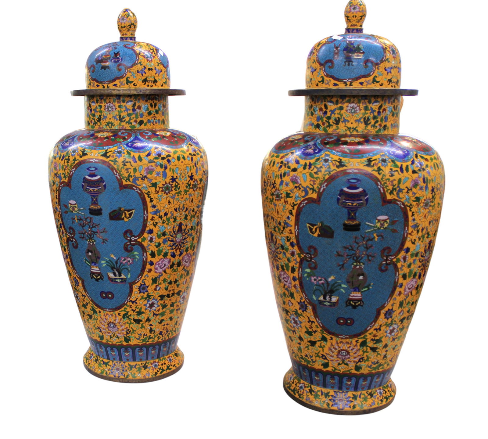 Fantastic pair Palace size cloisonne & bronze lidded Asian urns. 39"h x 16" diameter (1 of 9)