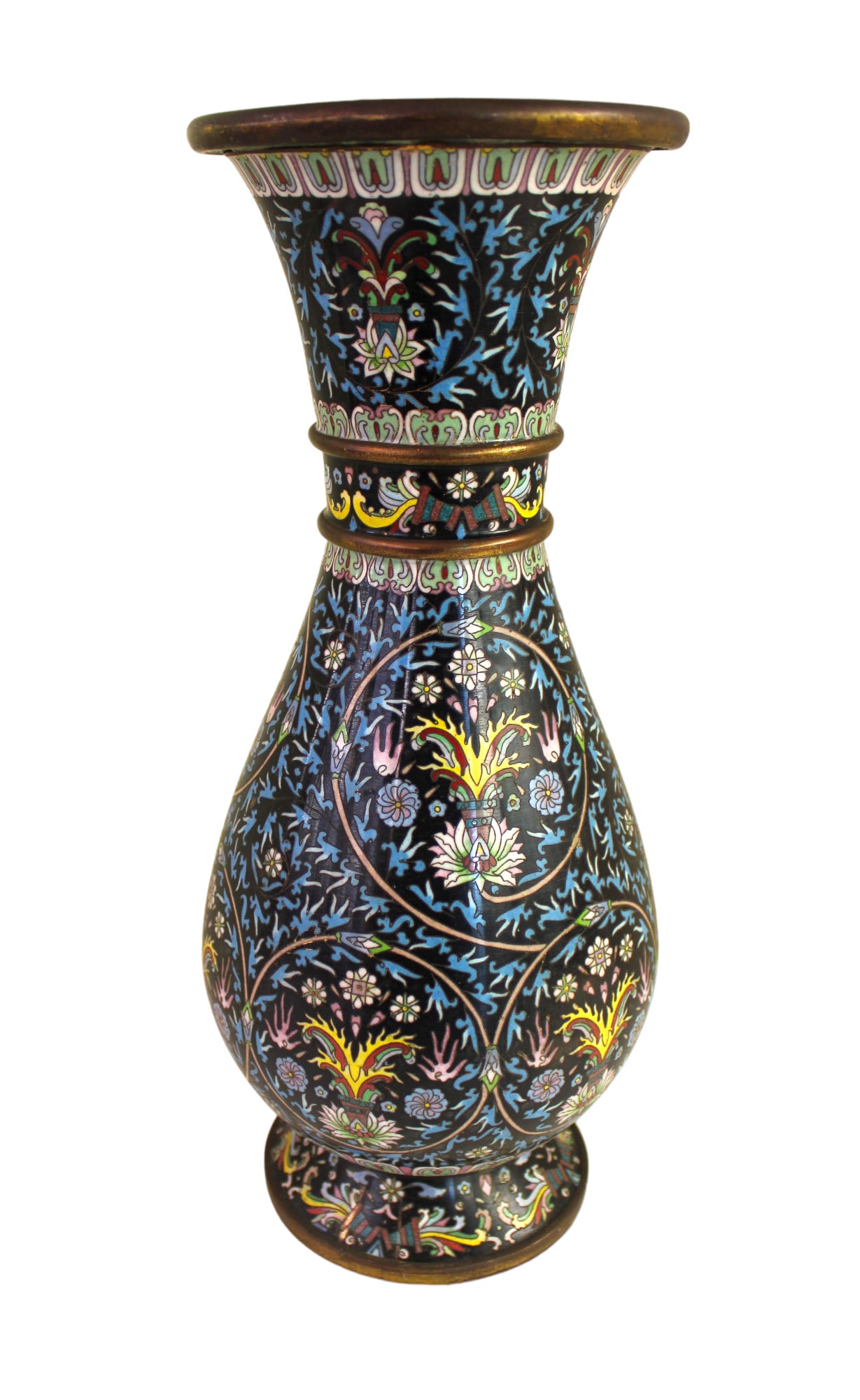 Chinese antique cloisonne vase 19thC early 20thC with intricate blue birds, flowers & palmettes. 15 (1 of 5)
