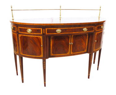 Hickory Masterpiece buffet, brass gallery, mahogany with satinwood banding and inlay: Hickory Masterpiece Collection buffet with brass gallery in the mahogany with satinwood banding and inlay, structurally sound and in good condition, no noticeable issues, 66"l x 22"d x 48"h with