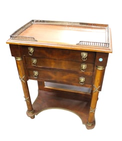Semi Antique French style stand, burl mahogany,  brass gallery, bronze accents, 3 drawer,