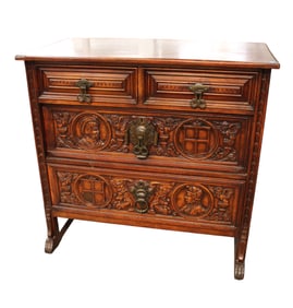 Awesome antique chest, solid walnut, highly carved, 4 drawer, original finish oak secondaries woods,