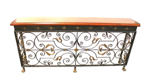 Quality Morgan Hill decorator console, natural cherry top, scrolled wrought iron and bronze accented