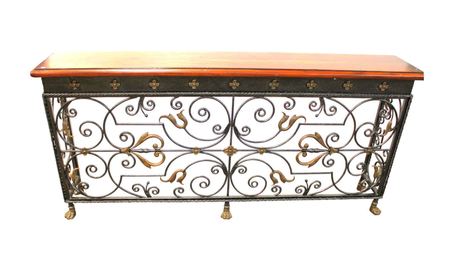 Quality Morgan Hill decorator console, natural cherry top, scrolled wrought iron and bronze accented (1 of 7)