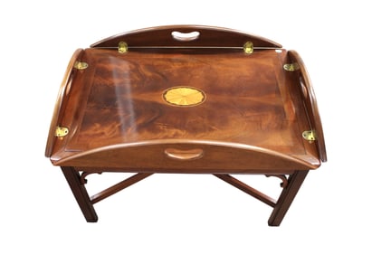 Quality sunburst inlay butterfly butler's table, burl mahogany