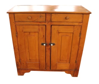 Antique country primitive jelly cupboard, yellow pine, bread board ends, 2 door 2 drawer