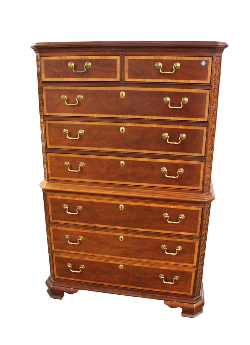 Beautiful Thomasville 8 drawer high chest, burl mahogany and banded (1 of 6)