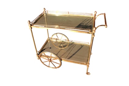 Mid century solid brass regency style two tier glass top tea cart