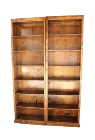 Pair custom-made open front bookcases, walnut finish, solid wood construction