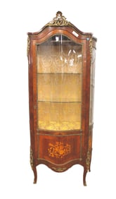 Vintage curio cabinet with applied bronze, French style, inlaid