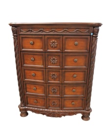 Beautiful Ashley high chest, carved, contemporary, mahogany finish